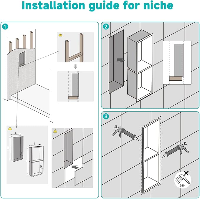12" x 18" Stainless Steel Shower Niche with LED Lights – Recessed 2-Tier Shower Shelf, 12"x12" Upper & 12"x6" Lower Storage, Modern Bathroom Wall Niche (Black)