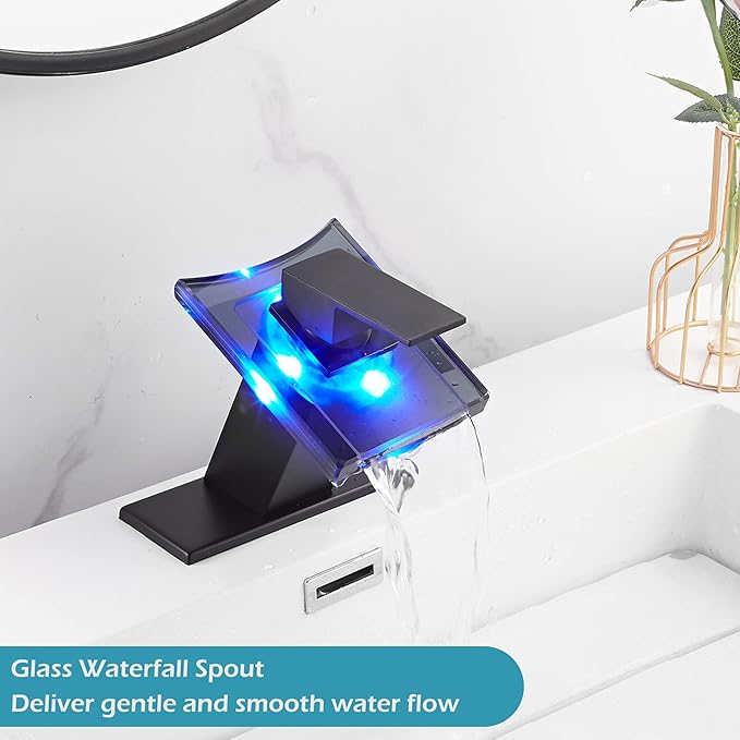 Bathroom Black Faucet Waterfall LED Glass Spout with Overflow Drain Stopper Single Handle One Hole Deck Mount Modern Designer Bath Basin Sink Tap 3 Color Changing Battery Powered Lavatory Vanity
