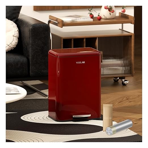 Kitchen Bathroom Trash Can - Stainless Steel Garbage Cans with Foot Pedal, Recycling Bin with Lid for Office Bathroom Decor (Red, 13 Liter / 3.5 Gallon)