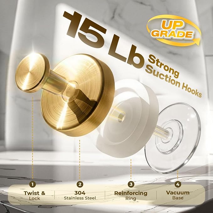 Upgraded Suction Cup Hooks for Shower, Heavy Duty Removable Towel Hooks for Bathroom Glass Door Wall, Stainless Steel Shower Hooks for Towel & Loofah (4 Pack, Gold)