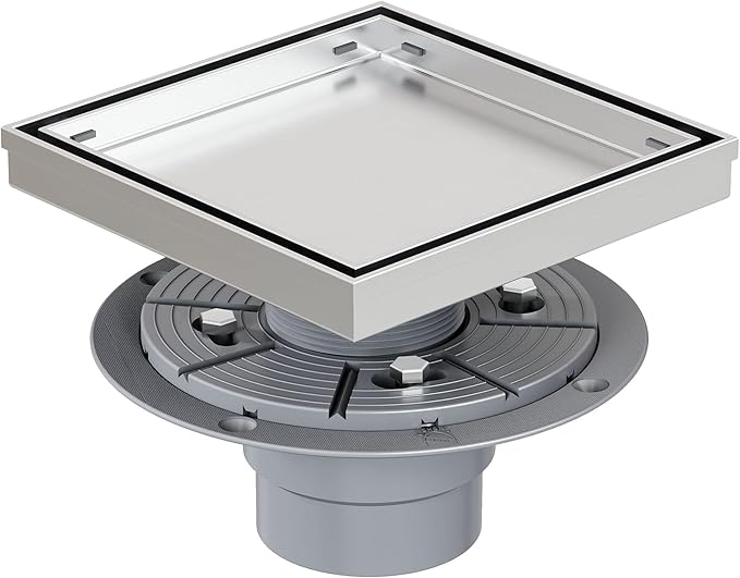 Neodrain 6-Inch Square Shower Drain with Tile Insert Grate, Professional Brushed 304 Stainless Steel Rectangle Shower Floor Drain Manufacturer, Floor Shower Drain with Shower Drain Base