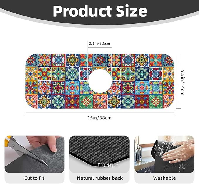 Talavera Mexican Ceramic Tile Floral Kitchen Sink Splash Guard Faucet Mat Super Absorbent Fast Drying Mat Sink Gadgets-Fast Drying Pad Sink Mat For Kitchen Bathroom (15" X 5.5" )