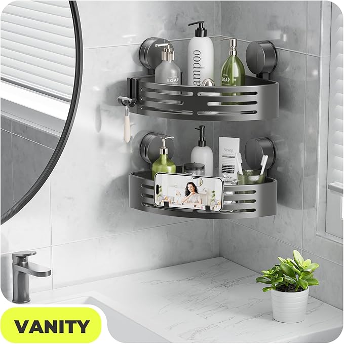 BREIS Corner Shower Caddy Suction Cup, No Drill Corner Shower Shelves, Rustproof Bathroom Shower Organizer Storage Rack, Suction Cup Shower Organizer with Hooks, Large Capacity Bathroom Shelves