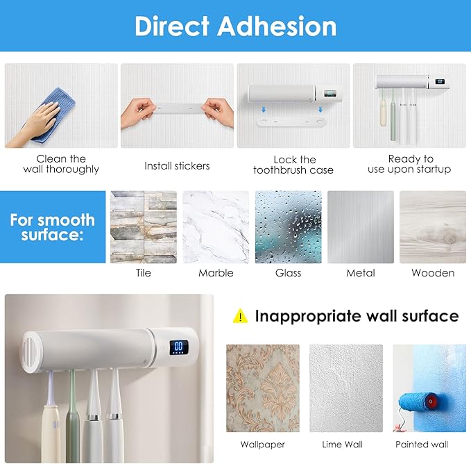 Wall Mounted Toothbrush Holder, Electric Tooth Brush Holders Single Person Cleaner for Bathroom, with Auto Inductive Open/Close Cover, Clean, Dry for Home, Travel (4 Slots)
