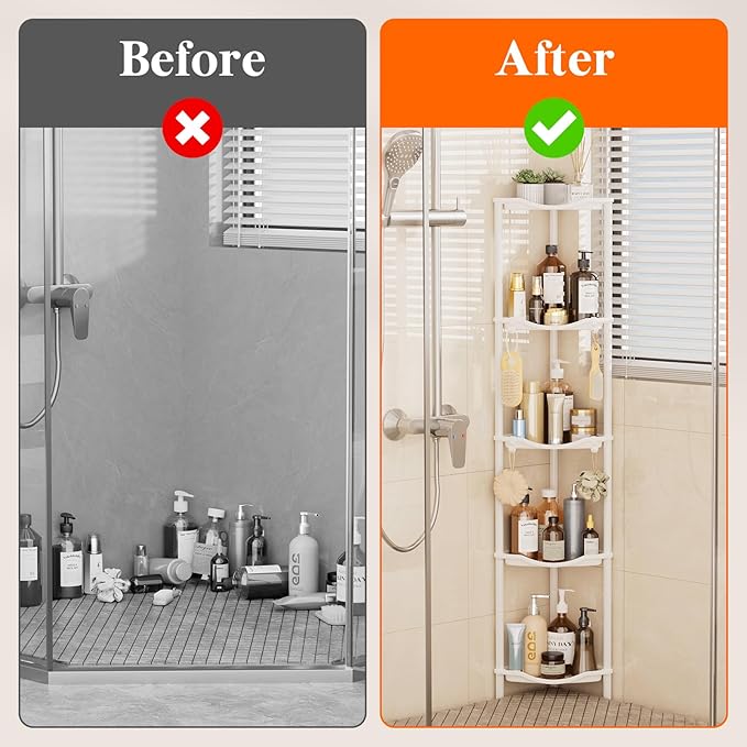 Lifewit Floor Standing Shower Caddy Corner, 5 Tier Plastic Shower Stand Rack with Adjustable Feet and Hooks, Rustproof Bathroom Shelf Organizer, White，34 x 24 x 139 cm/13 x 9.5 x 55 inch