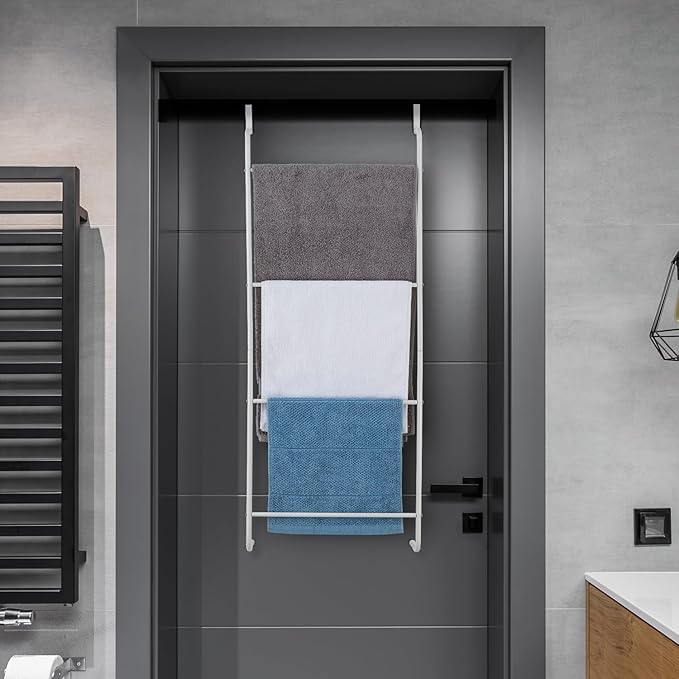 MyGift 4 Rung White Metal Ladder Over The Door Towel Rack - Bathroom Towel Holder, Space Saving Over Shower Door Drying Rack for Towels & Blankets