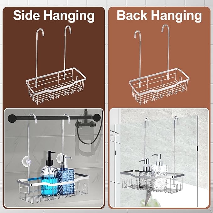 Hanging Shower Organizer, No Drilling Showers Caddy Hanging Stainless Steel Shower Rack with Hooks Showers Caddy Rustproof Over the Door for Bathroom Towels Sponge