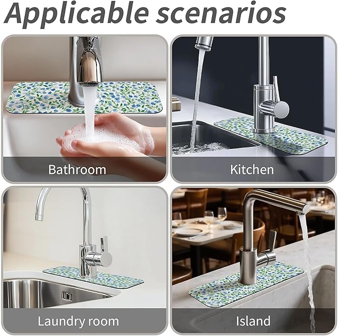 Kitchen Sink Splash Guard，Watercolor blueberries Faucet Mat Sink Gadgets-Super Absorbent Fast Drying Mat Drip Catcher for Kitchen, Bathroom,Sink Mat, Dish Drying Mat, Bathroom(15" X 5.5" )
