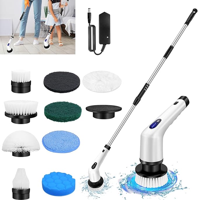 Electric Spin Scrubber Cordless Cleaning Brush, 9 in 1 Electric Shower Scrubber with Long Arm, Waterproof Bathroom Cleaner Brush, 320RPM 2-Speeds Power Scrubbers for Cleaning Bathroom Floor Tile Tub