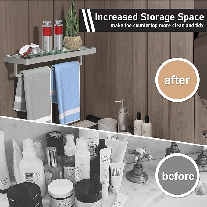 Glass Floating Shelves for Wall, Brushed Nickel 20 Inch Tempered Glass Rectangular 1 Tier Organizer Shelf for Bathroom