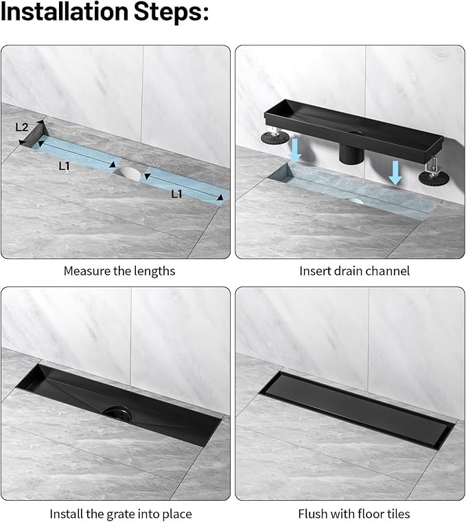 Linear Shower Drain, 304 Stainless Steel with Adjustable Leveling Feet, Hair Strainer,Reversely Install Place to Create an Invisible Floor Drain- Black -12-Inch