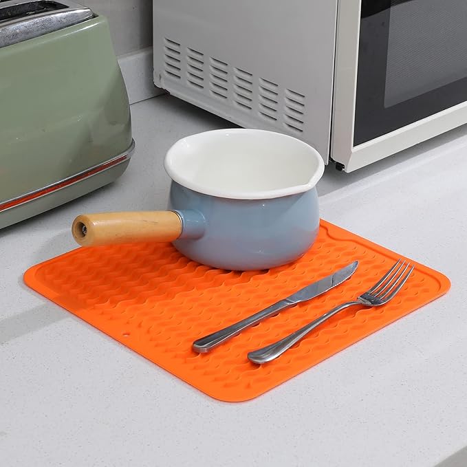 Silicone Dish Drying Mat for Multiple Usage,Easy clean,Eco-friendly,Heat-resistant Silicone Mat for Kitchen Counter or Sink,Refrigerator or Drawer liner Orange M 12 inches x 12 inches