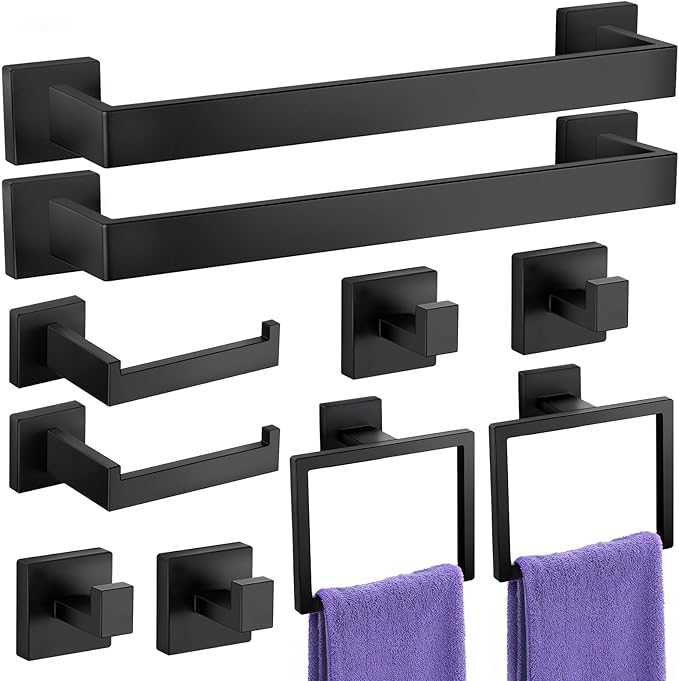 Bathroom Hardware Accessories Set: 10-Pieces Bath Towel Bar Set, Towel Racks for Bathroom Wall Mounted, SUS304 Stainless Steel, Matte Black