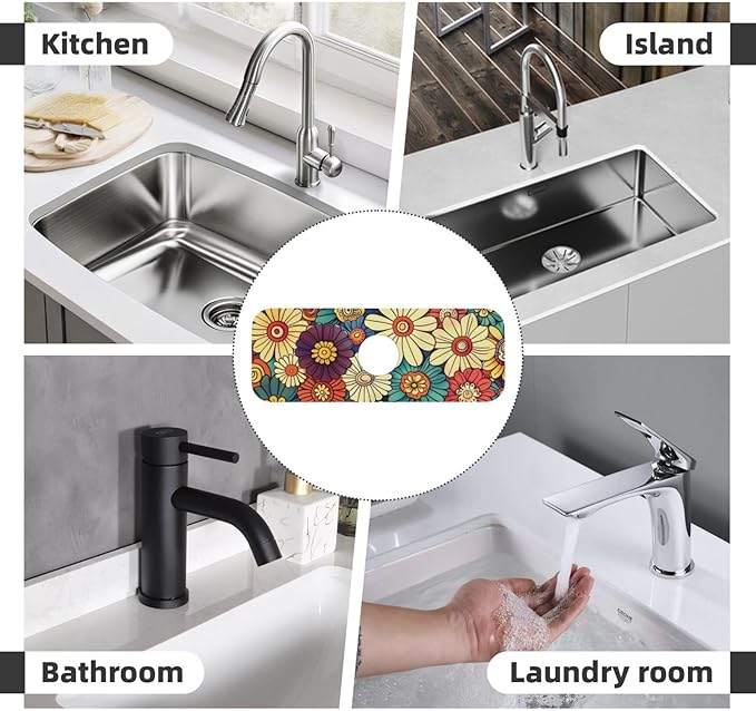 Kitchen Faucet Mat 15 x 5.5 Inch Abstract retro flower Faucet Draining Mat Farmhouse Absorbent Drying Mat Sink Splash Guard Behind Faucet Drip Catcher for Kitchen Bathroom