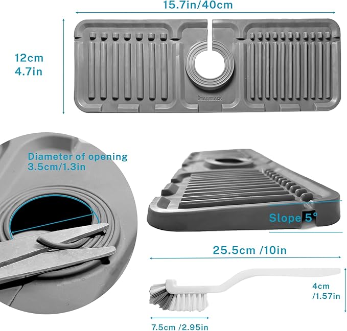 Daily Treasures 15.7"x4.7" Silicone Faucet Splash Guard with Brush, 5° Large Slope Sink Splash Guard, Sink Splash Guard Mat Kitchen Sink Splash Guard for Bashroom Kitchen Sink (Grew)