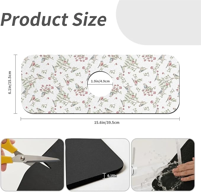 Faucet Draining Mat For Kitchen Sink, Vintage Watercolor Birds Diatom Mud Absorbent Drain Pad For Bathroom Kitchen Sink Splash Guard Drying Mat
