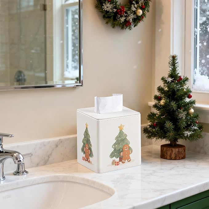 PU Leather Tissue Box Cover Square Tissue Box Holder with Magnetic Closure (Christmas Style)