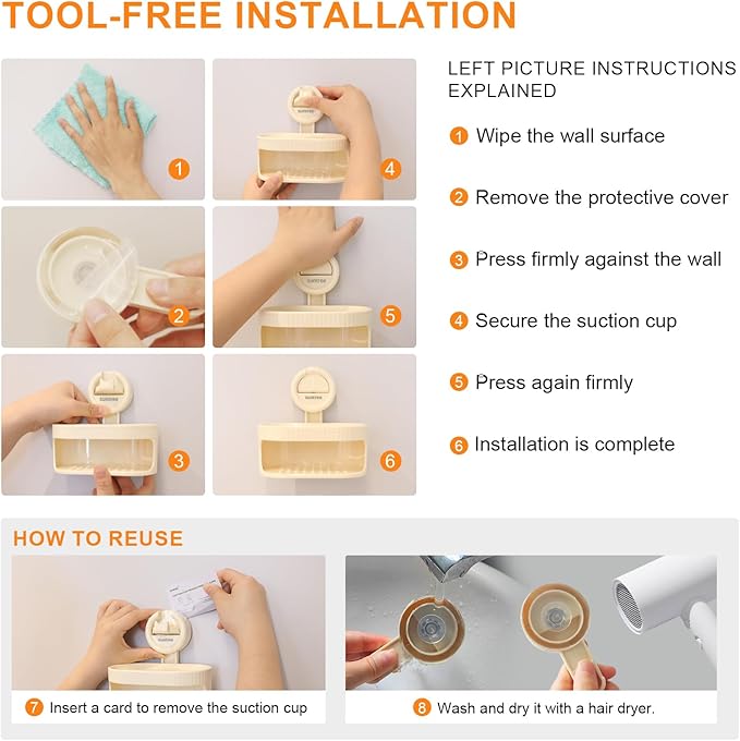 Suntree Soap Dish for Shower, Milky White Suction Cup Soap Holder with Self-Draining Design and Sponge Tray, No Drilling Bathroom & Kitchen Storage