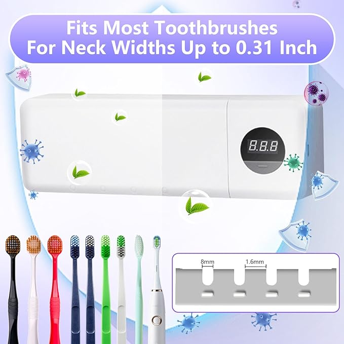 Wall Mounted Toothbrush Holder,UV Toothbrush Holders,No Drilling Wall Mounted Toothbrush Sanitizer Cleaner 4 Slots,Fan Drying Smart & 360s Timer Function for Smart Home Bathroom Accessories.