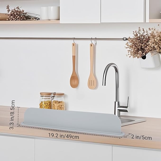 19.29 inch Kitchen Sink Splash Guard, Silicone Sink Baffle Splash Guard, Backsplash Protector for Kitchen Countertop & Bathroom Bathtub with Non-Slip Strong Suction, Gray, Pack of 2