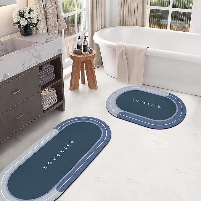 Rubber Bath mats Quick-Drying Non-Slip Bathroom mat Super Absorbent Bath mat Instant Dry Bath mat, Bathroom Rug in Front of The Kitchen Sink, Shower Room, Bathtub, Oval(Blue+16.9x26.7in+16.9x35.4in)