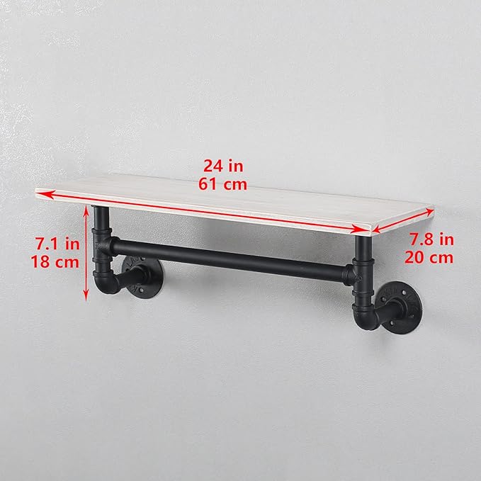 MBQQ Black & White Shelving Bathroom Pipe Shelves with Towel Bar Over Toilet, 24 inch Pine Wood Floating Shelves for Wall Mounted Bedroom,Kitchen, Farmhouse, Living Room