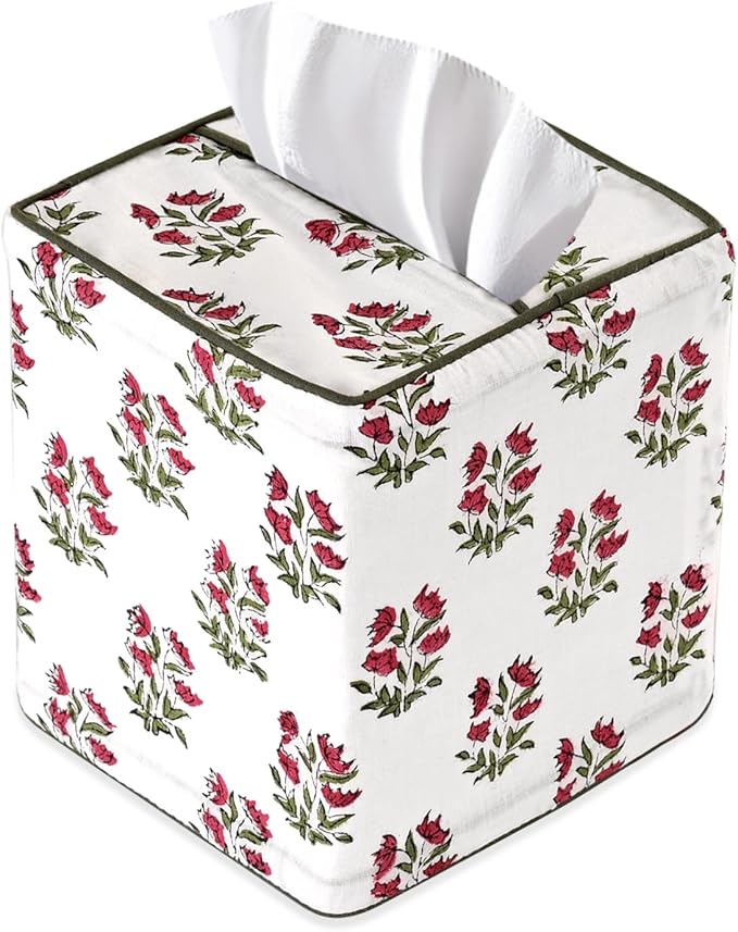 Ridhi Marmalade Red Block Print Tissue Box Cover – Handmade Cotton Fabric Tissue Holder for Home Bedroom Living Room Bathroom Vanity Car Nightstand Office Kitchen – Decorative Square Napkin Holder