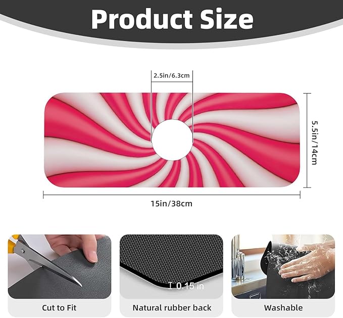 Christmas Lollipop Swirl Candy Sugar Red White Cute Kitchen Sink Splash Guard Faucet Mat 1 Pcs, Absorbent Fast Drying Mat Gadgets Splash Guard For Bathroom 15 X 5.5 Inches