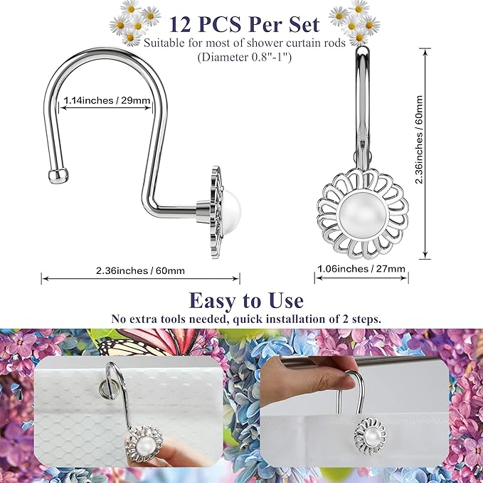 Silver Shower Curtain Hooks Rings, Decorative Shower Curtain Hangers, Heavy Duty Metal Shower Rings, Sunflower Shower Hooks for Shower Curtain Rod and Liner, Bathroom Curtain Hooks, Chrome, iToplin