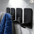 DELITON 4 Pack Adhesive Hooks - Towel Hook for Hanging Towels, Clothes and Bags, Matte Black Stainless Steel, Stick on Wall for Bathroom and Kitchen
