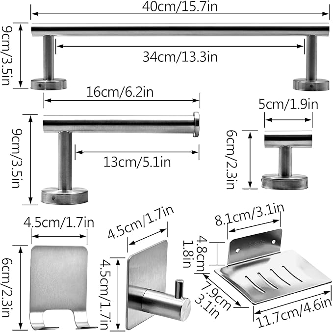9 PCS Bathroom Hardware Set, Brushed Nickel Stainless Steel Bathroom Tower Rack Set Wall Mounted Includes 16" Towel Bar, Toilet Towel Paper Holder, 6 Robe Towel Hooks, 1 Soap Holder