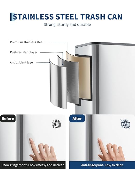 Garvee Space-Saving Bedroom Trash Can, 4 Gallon Small Trash Can with Soft-Close Lid, Foot Pedal & Removable Inner Bucket, Rectangular Stainless Steel Garbage Can for Living Room, Home, Office, Silver