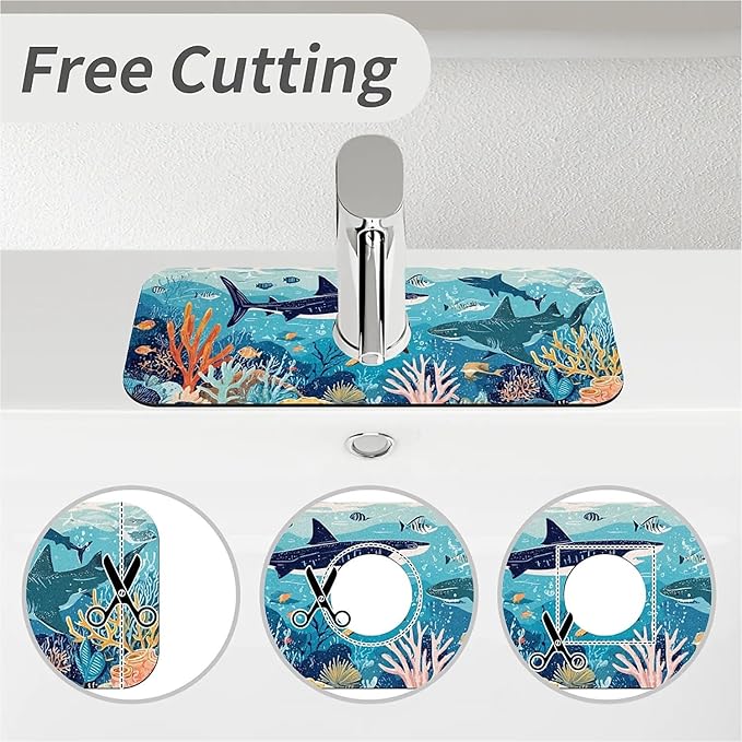 Kitchen Sink Splash Guard，Underwater world Faucet Mat Sink Gadgets-Super Absorbent Fast Drying Mat Drip Catcher for Kitchen, Bathroom,Sink Mat, Dish Drying Mat, Bathroom(15" X 5.5" )
