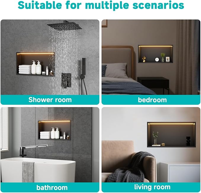 Stainless Steel 12"x24" LED Lights Shower Niche - No Tile Needed Recessed Wall Niche Waterproof for Walk in Shower Bathroom Storage, Matte Black