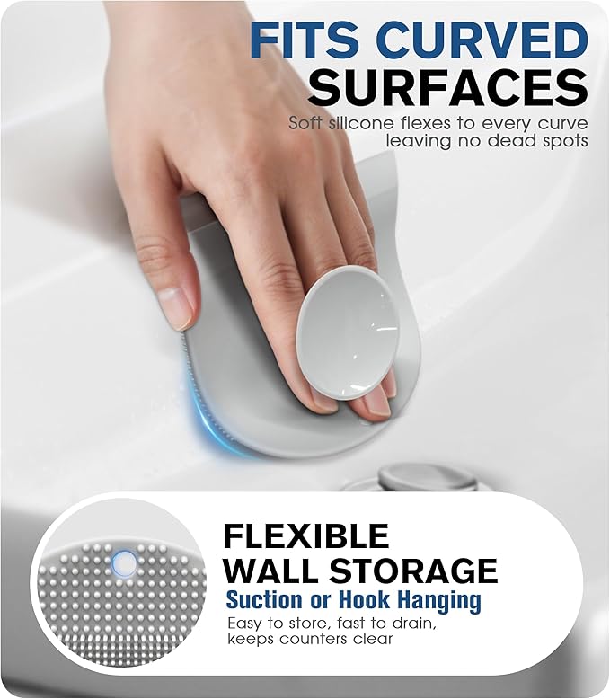2 Pack Silicone Sink Cleaning Brush with Squeegee, Flexible Non-Scratch Dish Scrubber for Kitchen and Bathroom Sink, Countertop & Dishwashing, Suction Cup Hanging Design (Gray)