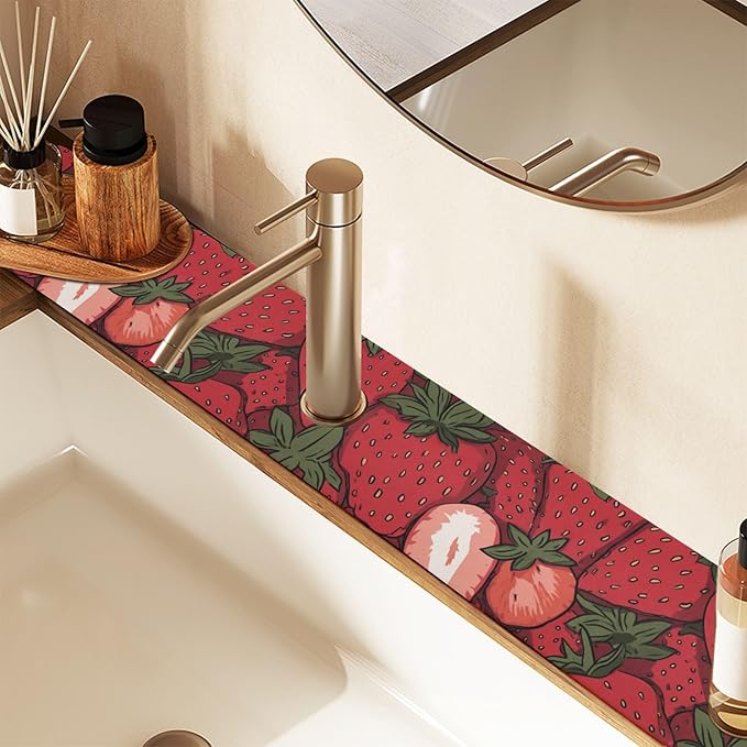 Kitchen Sink Splash Guard 2 PCS 14.7 Inch Sink Faucet Mat Splash Guard for Bathroom Countertop Water Absorbent Foldable Cuttable Soft Washable Cartoon Red Strawberry