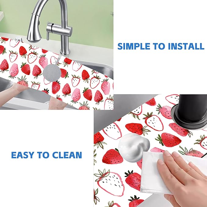 Watercolor Strawberry Kitchen Sink Splash Guard Absorbent Fast Drying Mat Faucet Draining Guard Behind Faucet Drip Catcher for Kitchen Bathroom 5.5"24