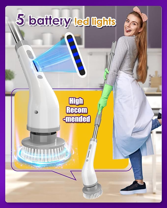 Electric Spin Scrubber, Cordless Shower Spin Scrubber with 7 Replacement Brush Heads & Adjustable Extension Arm, 2H Bathroom Scrubber Dual Speed, Power Spin Scrubber for Bathroom Car Floor Grout Sink