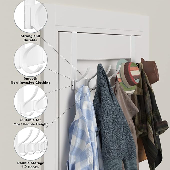 Over The Door Hooks, Sturdy Door Hanger, Large Over The Door Towel Rack with 12 Hooks, Heavy Duty Easy to Install, for Bathroom, Bedroom，Kitchen，Hanging Towels, Coats (White)