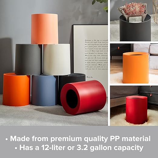 Modern Round Waste Basket - 2.1Gal/7.9L Open Top Trash Bin - Black Garbage Can with Removable Plastic Bin Liner - Touchless Bathroom Garbage Can or Trash Can for Kitchen - Minimalist Office Trash Can