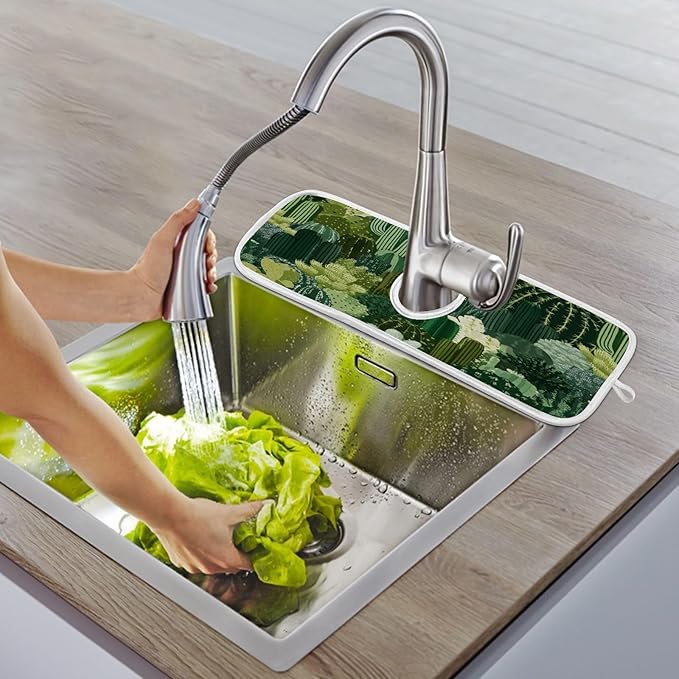 2 PCS Kitchen Sink Splash Guard 14.9 Inch Faucet Mat for Kitchen Sink Bathroom Sink Faucet Absorbing Drip Drain Mat Pad Microfiber Soft Washable Dark Green Cactus Plants