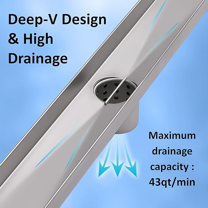 36 Inch Linear Shower Drain with Tile Insert Grate,SUS304 Stainless Steel Floor Drain with Ajustable Leveling Feet and Hair Filters,Apply to Any Applications for the need of Waterproofing and Drainage