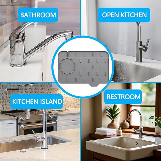 Mini Splash Guard 8.3" Dual-Sided Faucet Splash Guard Small Faucet Handle Drip Catcher Tray for Kitchen Sinks and Bathrooms, Durable Kitchen Countertop Drying Essential (Grey)