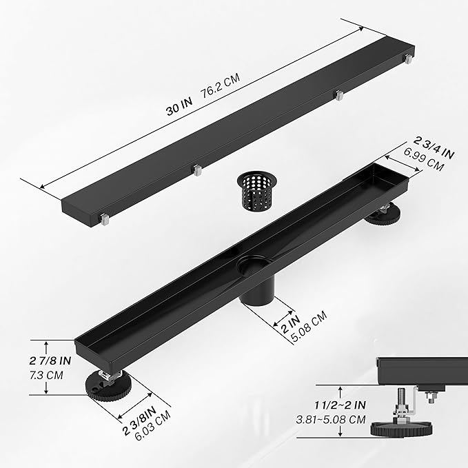 Linear Shower Drain, Linear Drains .30 Inch Shower Trench Drain with 2-in-1 Flat Cover & Inser Cover,304 Stainless Rectangle Steel Shower Floor Drain with Hair Strainer and Leveling Feet(Black, 30 in)