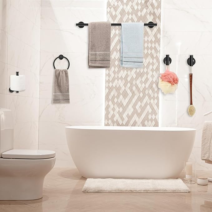 5-Pieces Matte Black Bathroom Hardware Accessories Set,SUS304 Stainless Steel 24-Inch Towel Bar Set, Modern Towel Racks Holder for Bathroom Wall Mounted