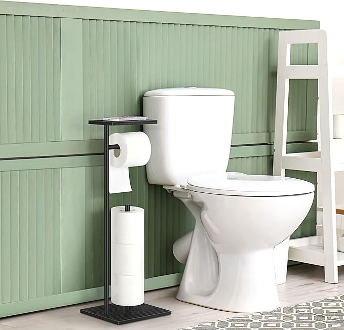 Black Toilet Paper Holder Stand Free Standing Toilet Paper Holder with Shelf Toilet Paper Storage Holder with Reserve for Bathroom Holds Wipe, Mobile Phone, Mega Rolls