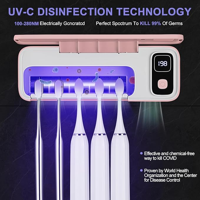 Toothbrush San itizer Holders Wall Toothbrush San itizer Holder with Light, 5 Slots Toothbrush Holder Rechargeable Toothbrush Cleaner Case Cover Toothbrush Holder with Air Dry for Bathroom (Pink)