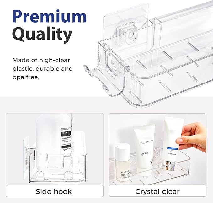 2 Pack Acrylic Shower Shelves, Clear Bathroom Tray with Hooks, Adhesive Wall Mount Shower Caddy Organizer for Bathroom Kitchen Storage