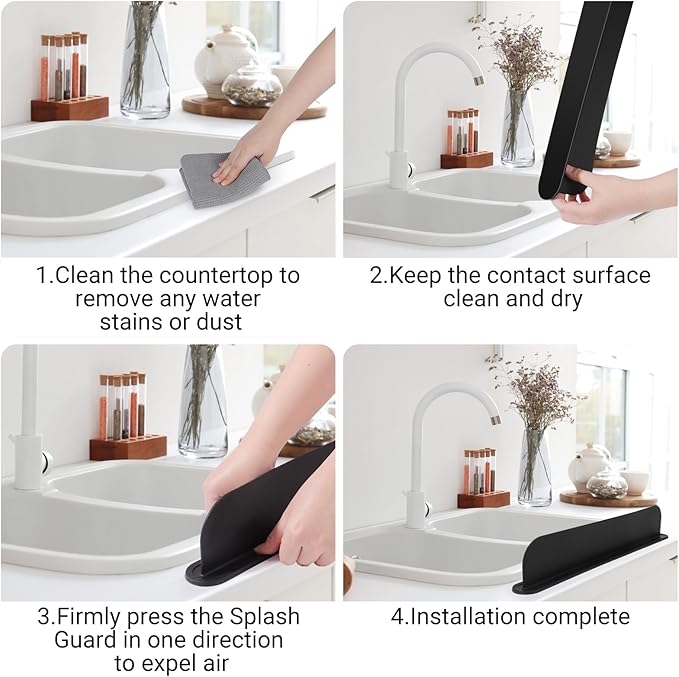 19.29 inch Sink Water Splash Guard, Silicone Sink Splash Guard, Backsplash Protector for Kitchen Countertop & Bathroom Bathtub with Non-Slip Strong Suction, Black, Pack of 2