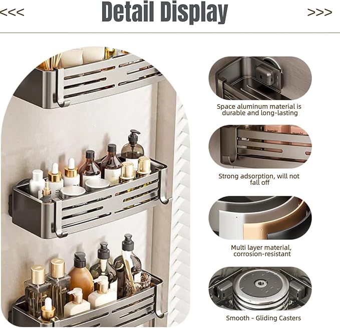 Corner Shower Shelf Caddy Suction Cup, No Drill Hole with Towel Bar and Hook, Gray Bathroom Storage Rack, Zero Drill Square Shelves, Store Toiletries and Bath Towel for Bathroom Kitchen RV